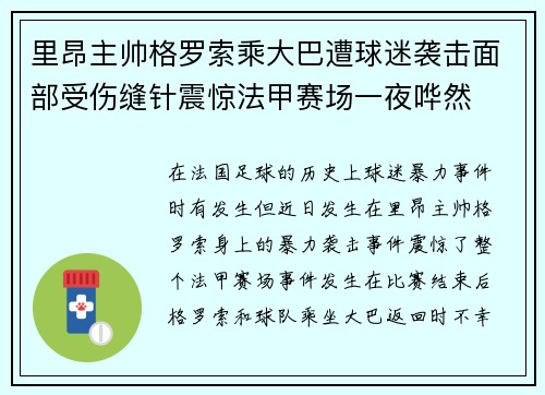 里昂主帅格罗索乘大巴遭球迷袭击面部受伤缝针震惊法甲赛场一夜哗然 里昂主帅格罗索乘大巴遭球迷袭击面部受伤缝针震惊法甲赛场一夜哗然